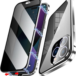 Coque Anti-Espion pour iPhone 15 Pro Max - Protection Totale à 360° en Verre Trempé, Argent